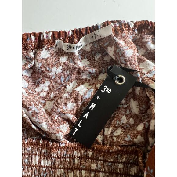 Boho Babydoll Size Large Mini DRESS Smocked Brown Blue Floral Square Neck NEW - Picture 11 of 11